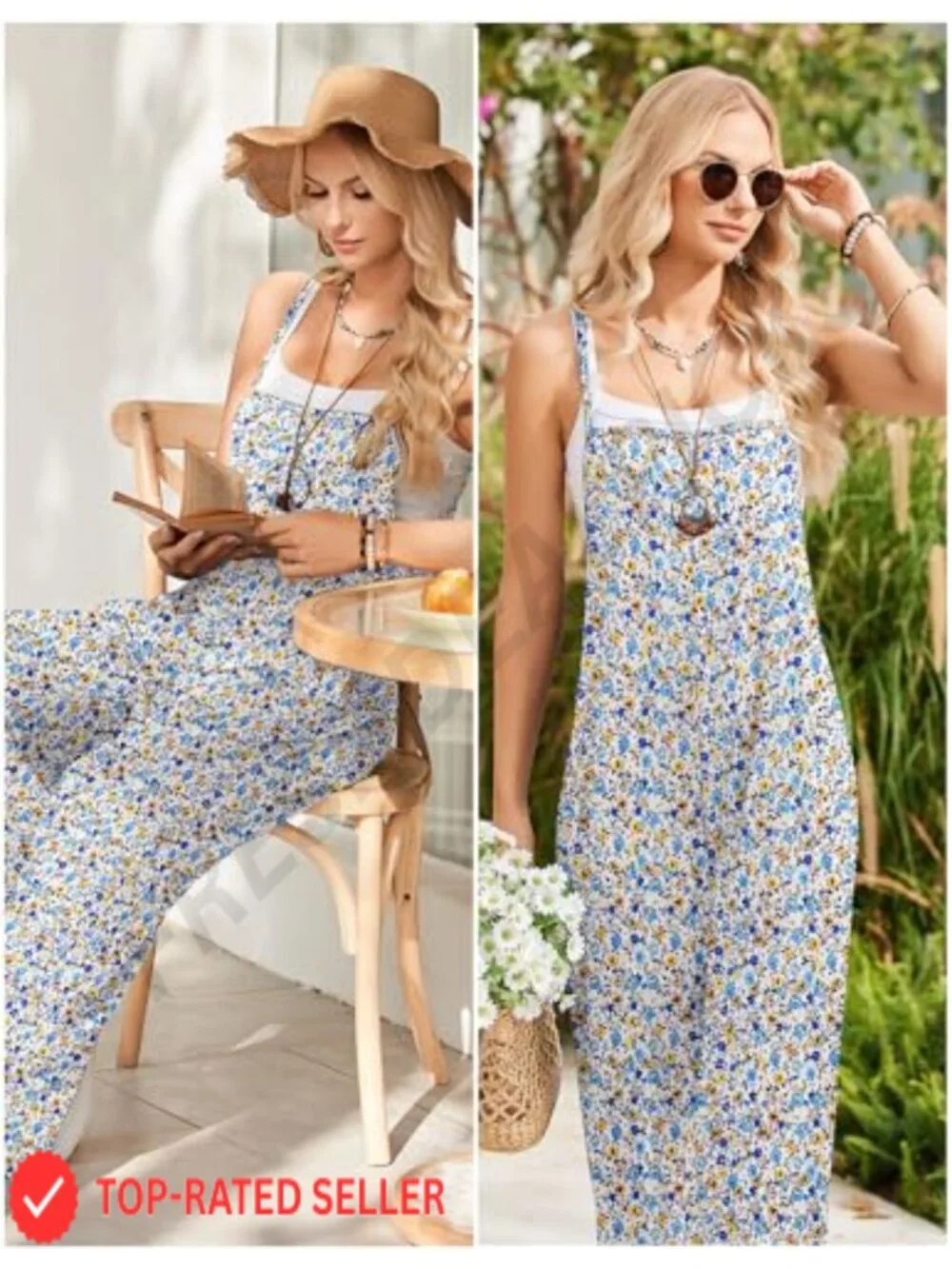 Floral Boho Jumpsuit for Women Wide Leg Summer Sleeveless Romper with Pockets